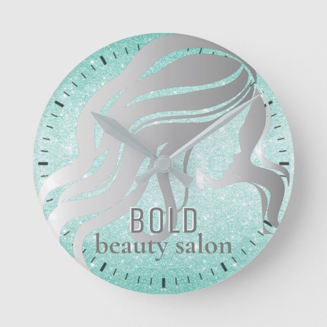 Relógio Redondo Beauon Salon Name Silver Foil + Aqua Blue Glitter (Frente)
