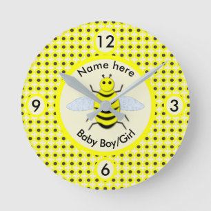 Relógio Redondo Bebê Amarelo-Bonito Abelhas Sexo Neutro
