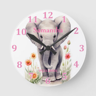 Relógio Redondo Bebê Elefante Fofo Pastel Flor de Primavera Aquare