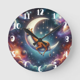Relógio Redondo Bebê Girafa Celestial Dormindo na Lua e Estrelas
