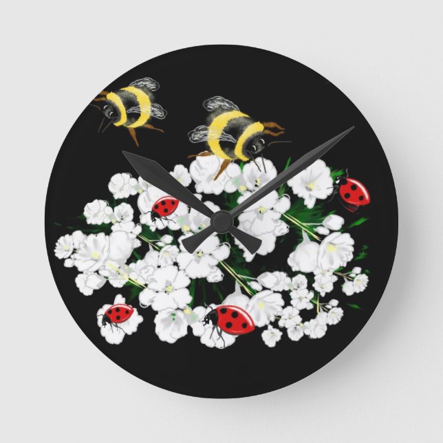 Relógio Redondo Bebês-frade e flores brancas em preto (Frente)