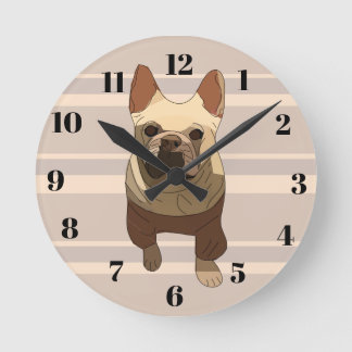 Relógio Redondo Beige Stripes French Bulldog