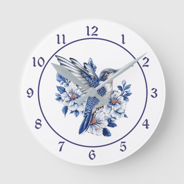 Relógio Redondo Beija-flor Floral Azul (Frente)