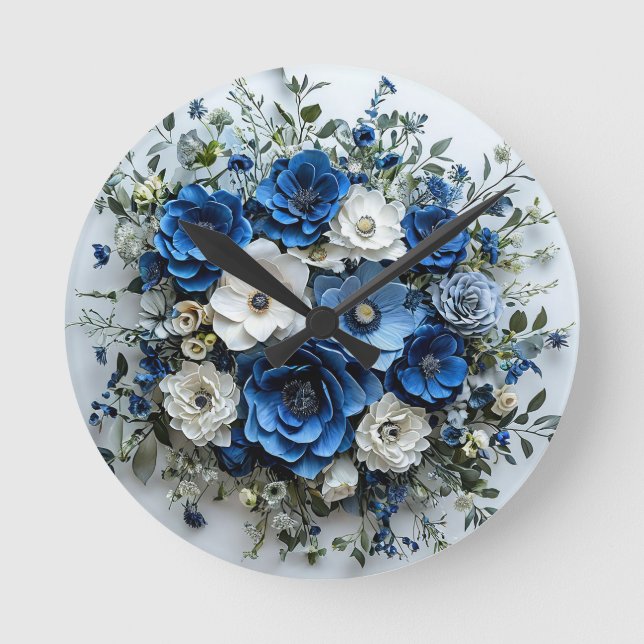 Relógio Redondo Bela Arranjo Floral Azul e Branco (Frente)