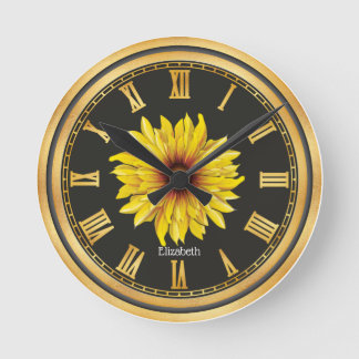 Relógio Redondo Bela flor de Sol Dourada Preta Personalizada