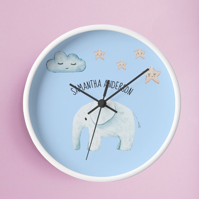 Relógio Redondo Beleza Moderna Pastel Blue Elephant & Stars Kid (Criador carregado)