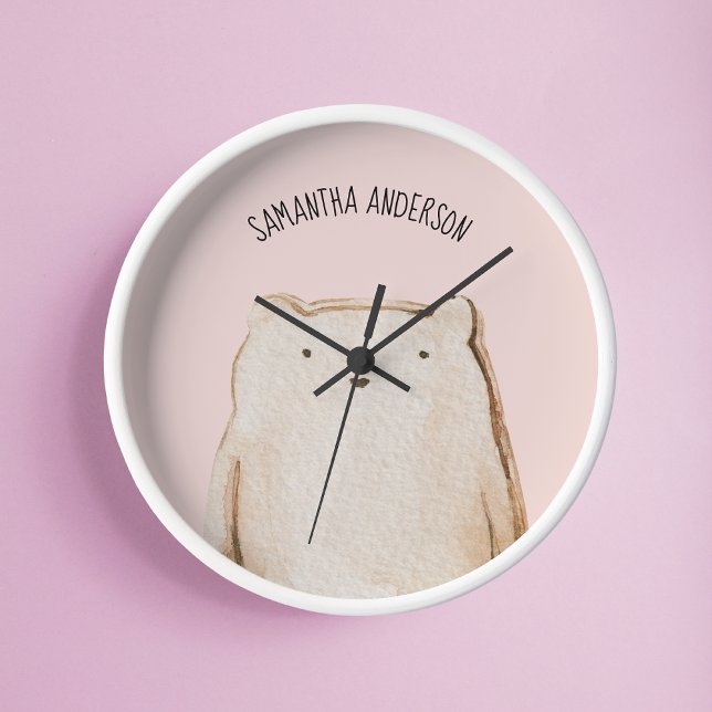 Relógio Redondo Beleza Moderna Urso Rosa Pastel com Nome (Criador carregado)