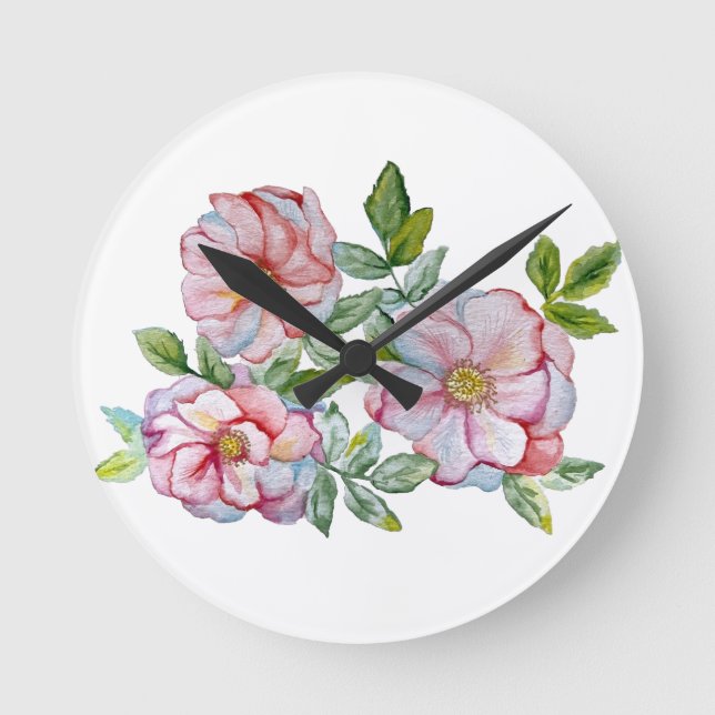 Relógio Redondo Belos rosas de aquarela realistas. (Frente)