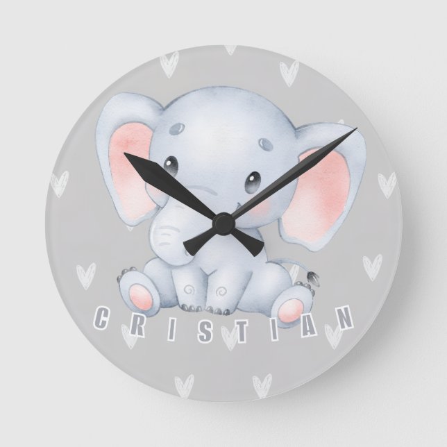 Relógio Redondo Berçário de Elefante Bebê Decoração Fofa  (Frente)