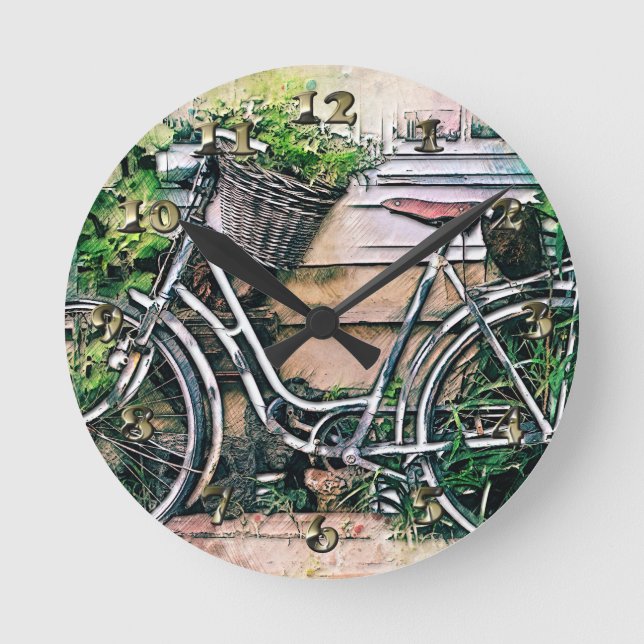 Relógio Redondo Bicicleta e Cesta no Jardim (Frente)