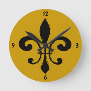 Relógio Redondo Black Dourado Fleur De Lis, Nova Orleans