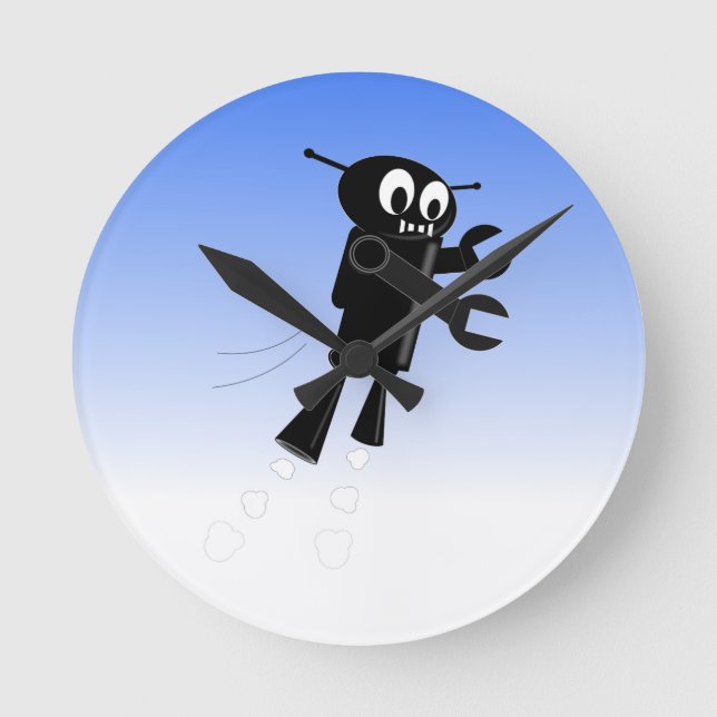 Relógio Redondo Black Flying Robot Blue Sky Background (Frente)