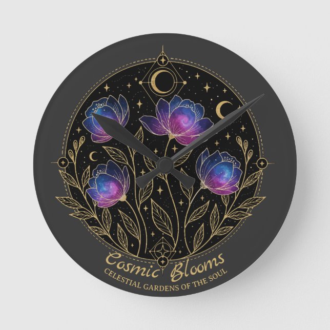 Relógio Redondo Blooms Cósmicos – Floral Celestial (SEM NÚMEROS) (Frente)