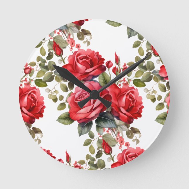 Relógio Redondo Bloqueio Floral de Rosas vermelhas Chic (Frente)