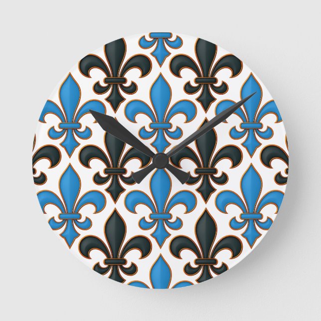 Relógio Redondo Blue Black Baroque Fleur-de-lis Pattern Design  (Frente)