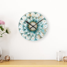 Relógio Redondo Blue Teal Dourado Floral Mandala