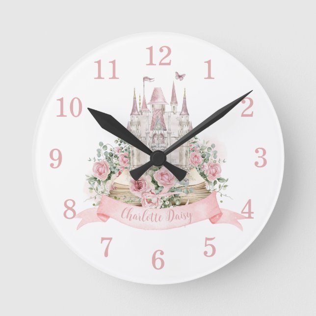 Relógio Redondo Blush Pink Floral Princess Castle Storybook Decor (Frente)