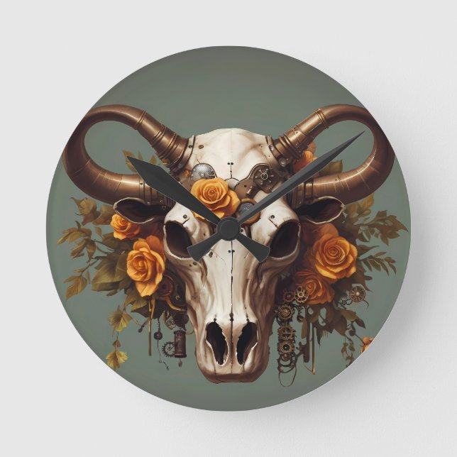 Relógio Redondo Boho Chic Watercolor Vaca Floral Steampunk (Frente)
