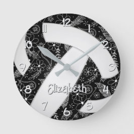 Relógio Redondo boho doodle vôlei preto floral