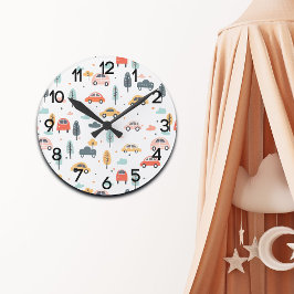 Relógio Redondo Boho Kids Cars, Árvores e Nuvens Padrão Nursery