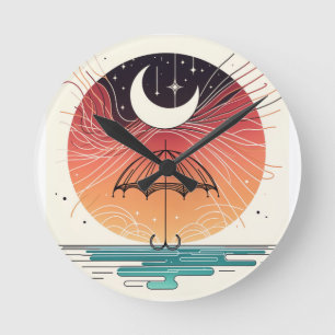 Relógio Redondo Boho Moon e Umbrella Arte Minimalista