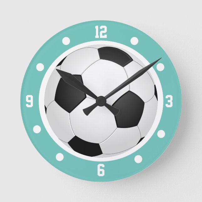 Relógio Redondo Bola de Futebol Azul Turquesa Preto e Branco (Frente)
