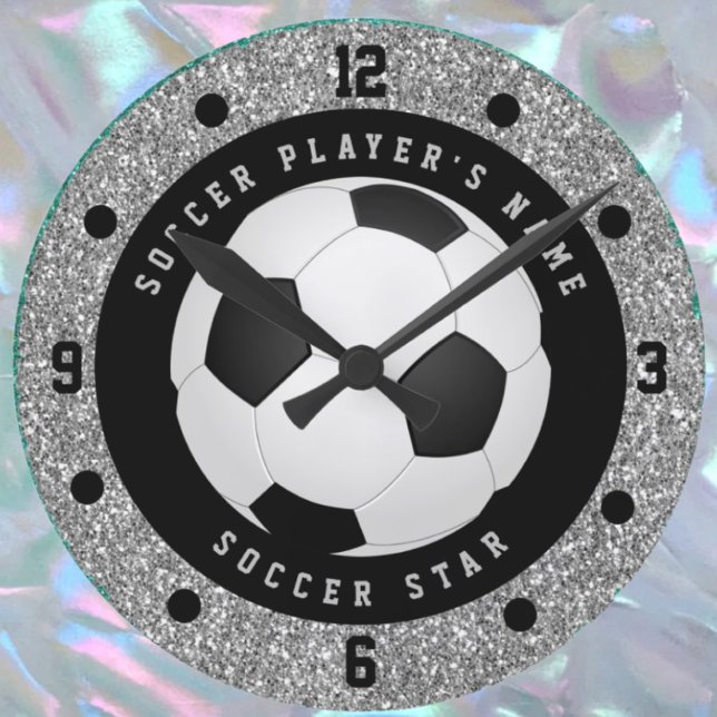 Relógio Redondo Bola de Futebol Glitter Prata Falso Personalizada (Criador carregado)
