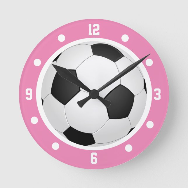 Relógio Redondo Bola de Futebol Rosa para Meninas Preta e Branca (Frente)