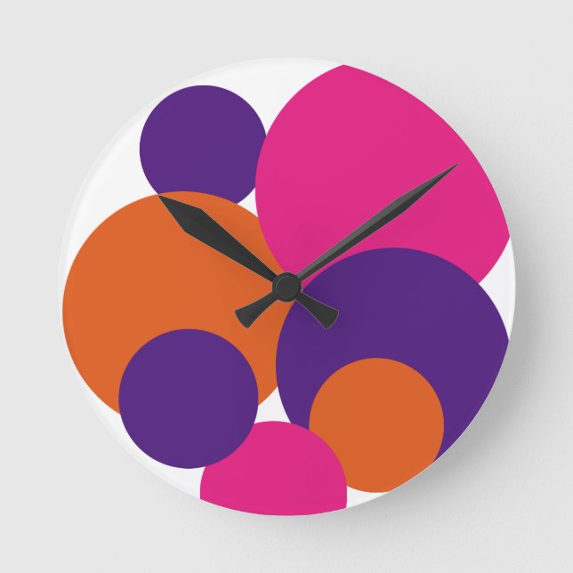 Relógio Redondo Bolinhas Laranja, Roxo e Rosa Quente (Frente)
