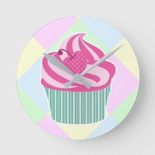Relógio Redondo Bolo de Aniversário Cor-de-Rosa Pastel