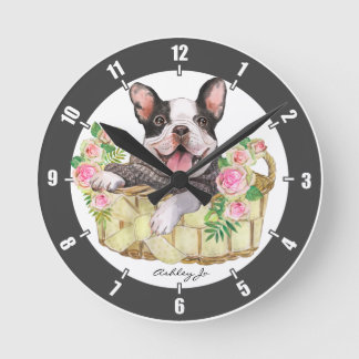Relógio Redondo Bolsa Floral de Bulldog Francês Personalizada