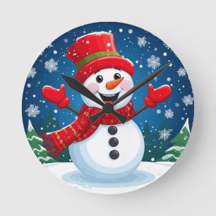 Relógio Redondo Boneco de Neve Alegre com Cachecol e Chapéu Vermel