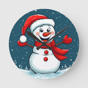 Relógio Redondo Boneco de Neve Alegre com Chapéu de Papai Noel e C