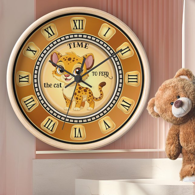 Relógio Redondo Bonita e Grande Brincadeira (Kid's wall clock featuring a cute baby jaguar big cat with roman numerals and your own funny texts)