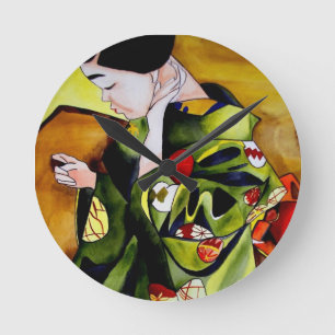 Relógio Redondo Bonito Geisha com arte original verde quimono