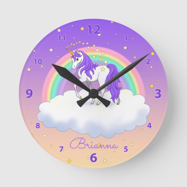 Relógio Redondo Bonito Purple Sweet Dreams Rainbow Unicorn (Frente)