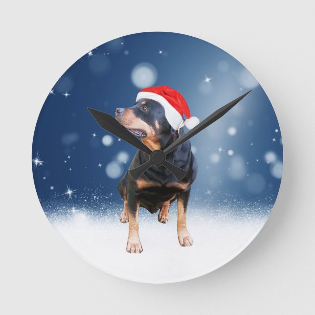 Relógio Redondo Bonito Rottweiler Cachorro Natal Santa Hat Estrela (Frente)