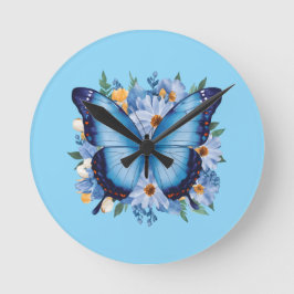 Relógio Redondo Borboleta Azul Graciosa em Floral