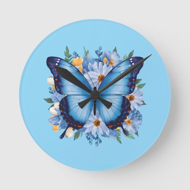Relógio Redondo Borboleta Azul Graciosa em Floral (Frente)