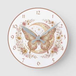 Relógio Redondo Borboleta Dourada Celestial Floral Vintage Lua