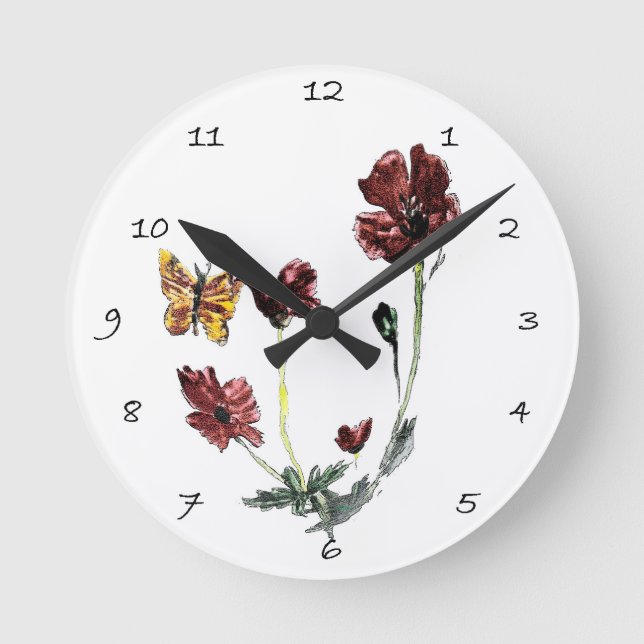Relógio Redondo Borboletas de Arte Floral Flores (Frente)