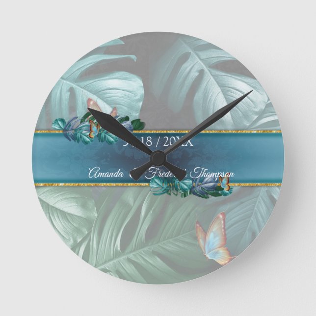 Relógio Redondo Borboletas de Paraíso/Turquesa Tropical Splash (Frente)