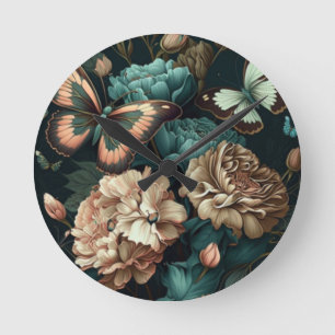 Relógio Redondo Borboletas e flores design clássicas escuras