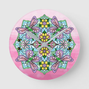 Relógio Redondo Borboletas roxas, rosa e flores Mandala   