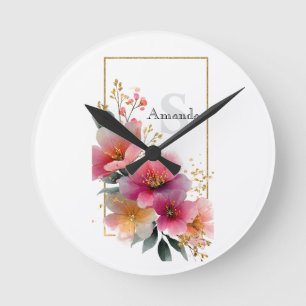 Relógio Redondo Borda Floral Cor de Água Elegante Rosa com Dourado