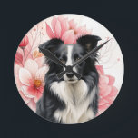 Relógio Redondo Border Collie Dog and Bold Pink Lilies<br><div class="desc">A lovely wall clock for the dog lover and a terrific gift idea for the Border Collie mom,  featuring a Border Collie sitting against a backdrop of big,  bold pink lilies in a botanical dog lover image.</div>