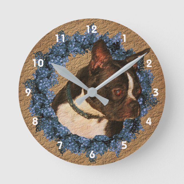 Relógio Redondo Boston Terrier Dog E Flower Wreath Animal (Frente)