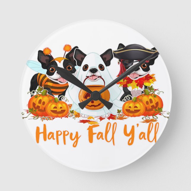 Relógio Redondo Boston Terrier Dog Fall Yall Halloween Costu (Frente)