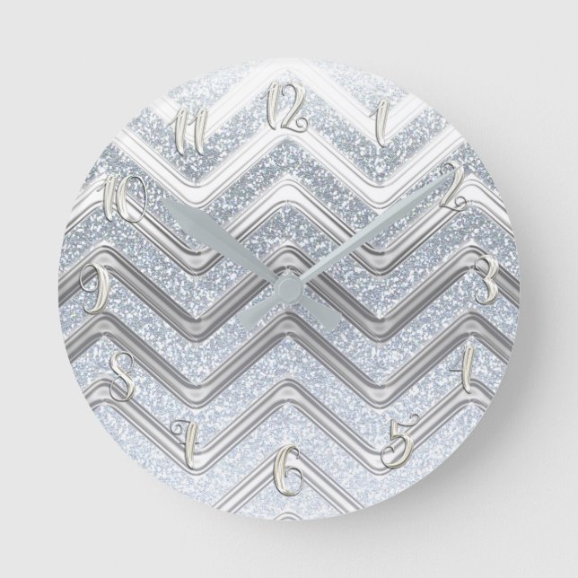 Relógio Redondo Branco Prateado Brilho Menina Glamour Chevron (Frente)