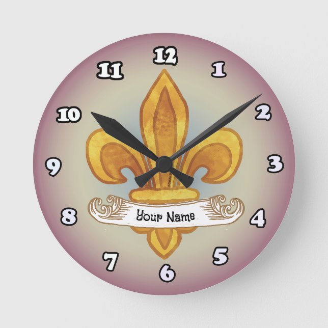 Relógio Redondo Brasão de Armas da Família Fleur De Lis Sobrenome (Frente)